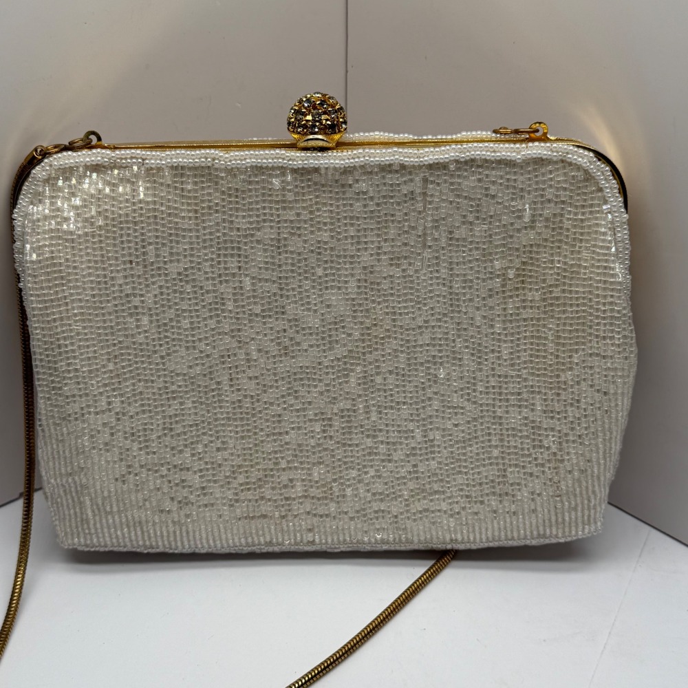 Magid Vintage White Beaded Evening Bag Gold Frame Rhinestone Clasp Clutch
